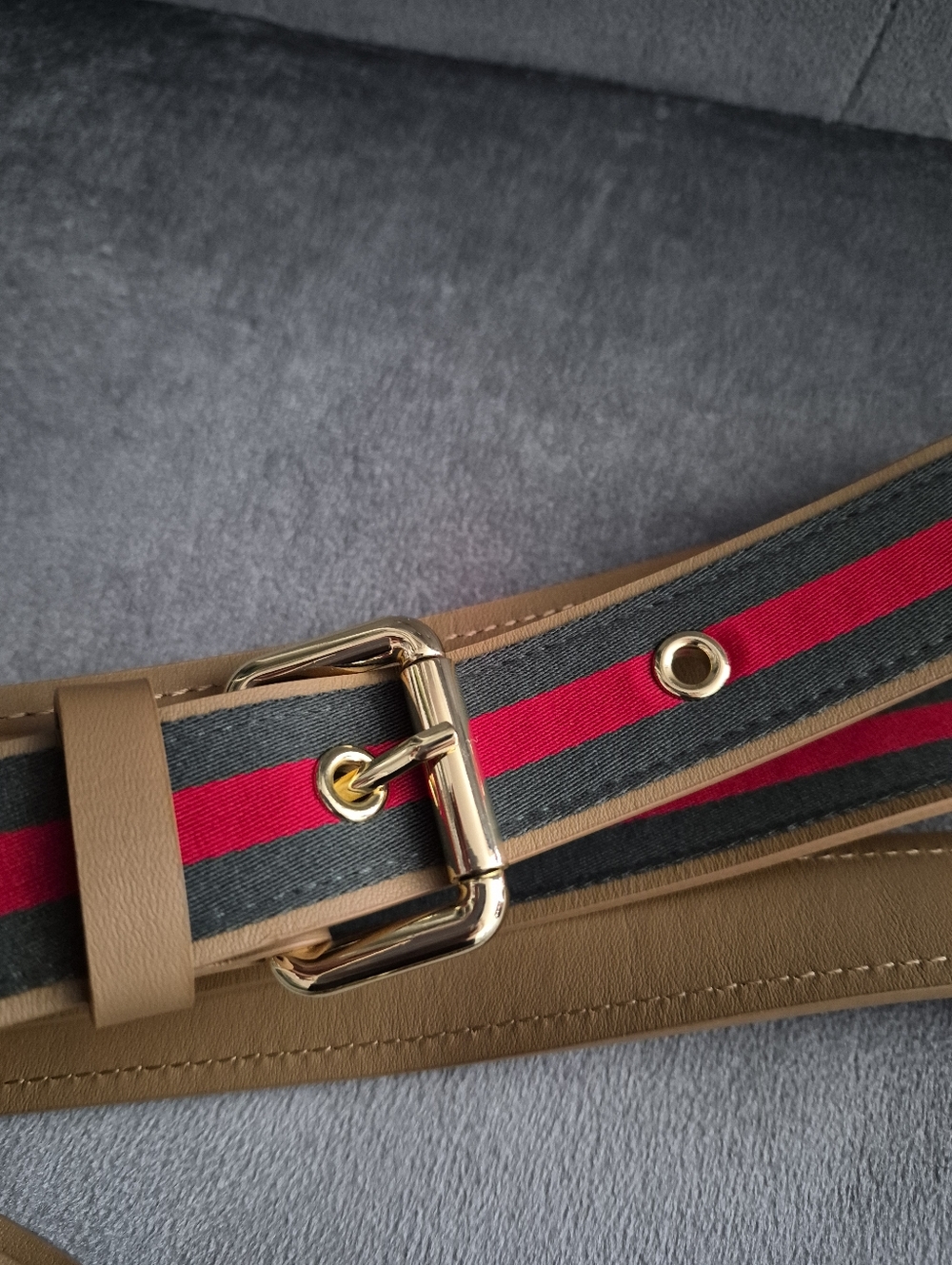Bandolier Tan Leather Pouch with Red and Green Striped Strap - Picture 2 of 4